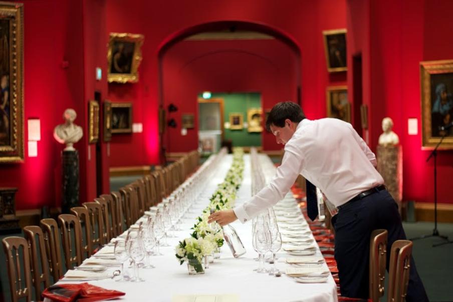 Contini Events Catering at the National Gallery. One long grand table for 50 guests or round tables for 100 guests. Drinks reception for up to 350 pax 