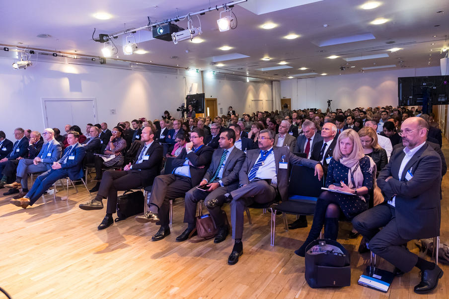 Delegates attend a conference in the Wolfson Hall. This theatre-style set-up can hold up to 300 people.