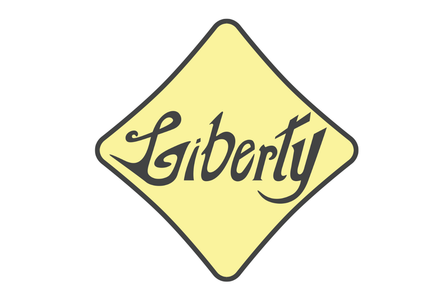 Liberty Logo, Yellow diamond shape with Liberty written in brown cursive font.
