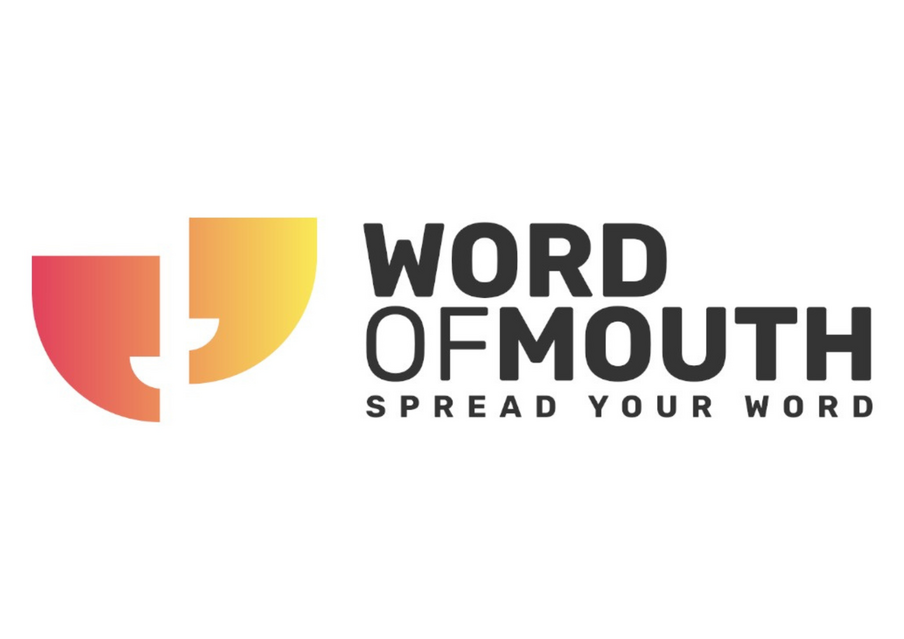 Word of Mouth logo in bold black font, with speech marks in a yellow to orange gradient of the left side of the font.