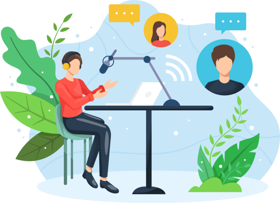 Cartoon image of woman wearing a red jumper wearing headphones in front of a computer on a  blue background with foliage. At the top right of the image there are two circle with faces in them, indicating the woman is using translation to connect with others.